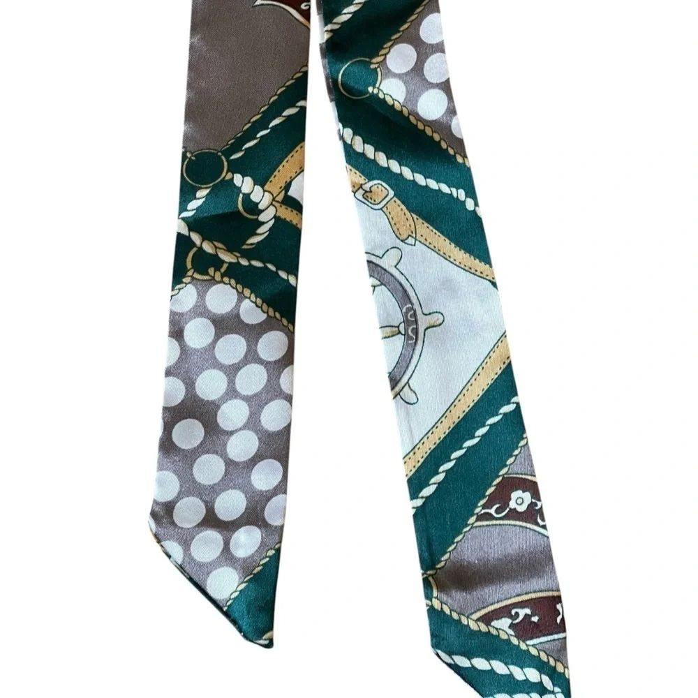 Green Nautical Tie Scarf Versatile Long Ribbon Gold White Brown 35